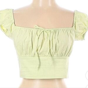 Zara Light Green Off The Shoulder Crop Top Linen Blend Large Bow Cottagecore